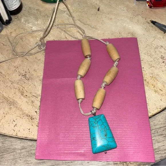 Turquoise Type Pendent Necklace Homemade Wooded Spools Corded Rope 14” Long - Picture 2 of 9